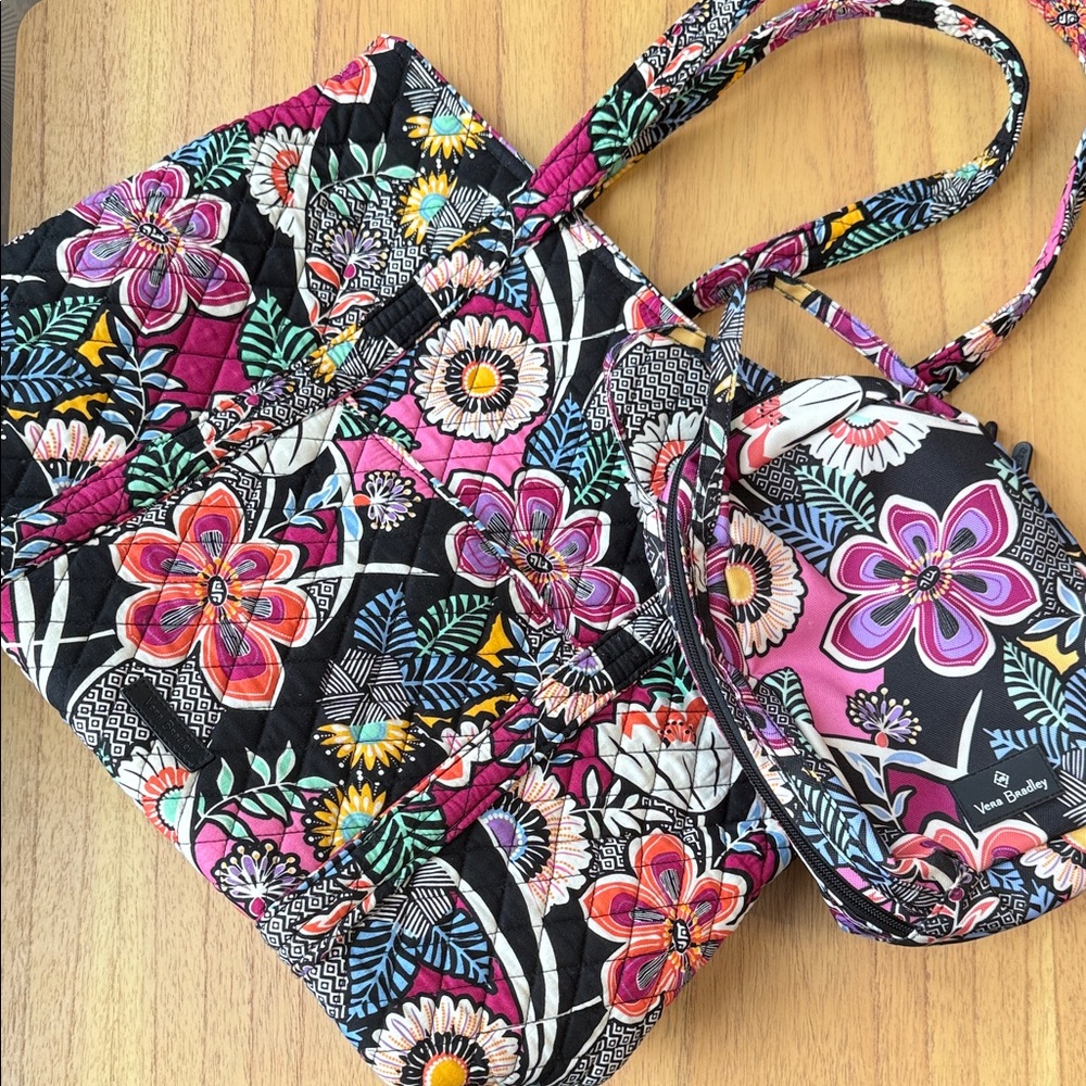 Vera Bradley Black and Pink Floral Tote with Lunch Box